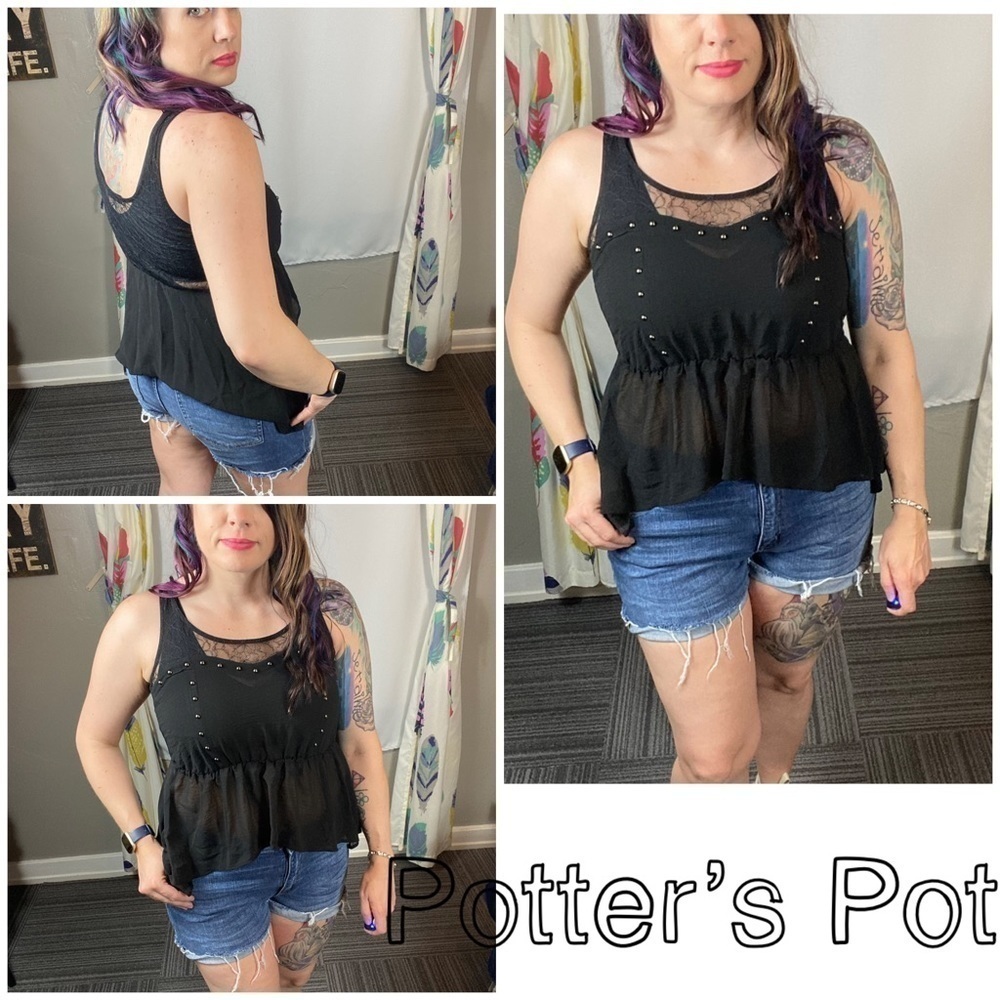 Anthro black sheer high low peplum studded top